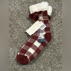 Cozy Plaid Faux Sherpa Lined Slipper Socks with Pom Poms and Bottom Grips